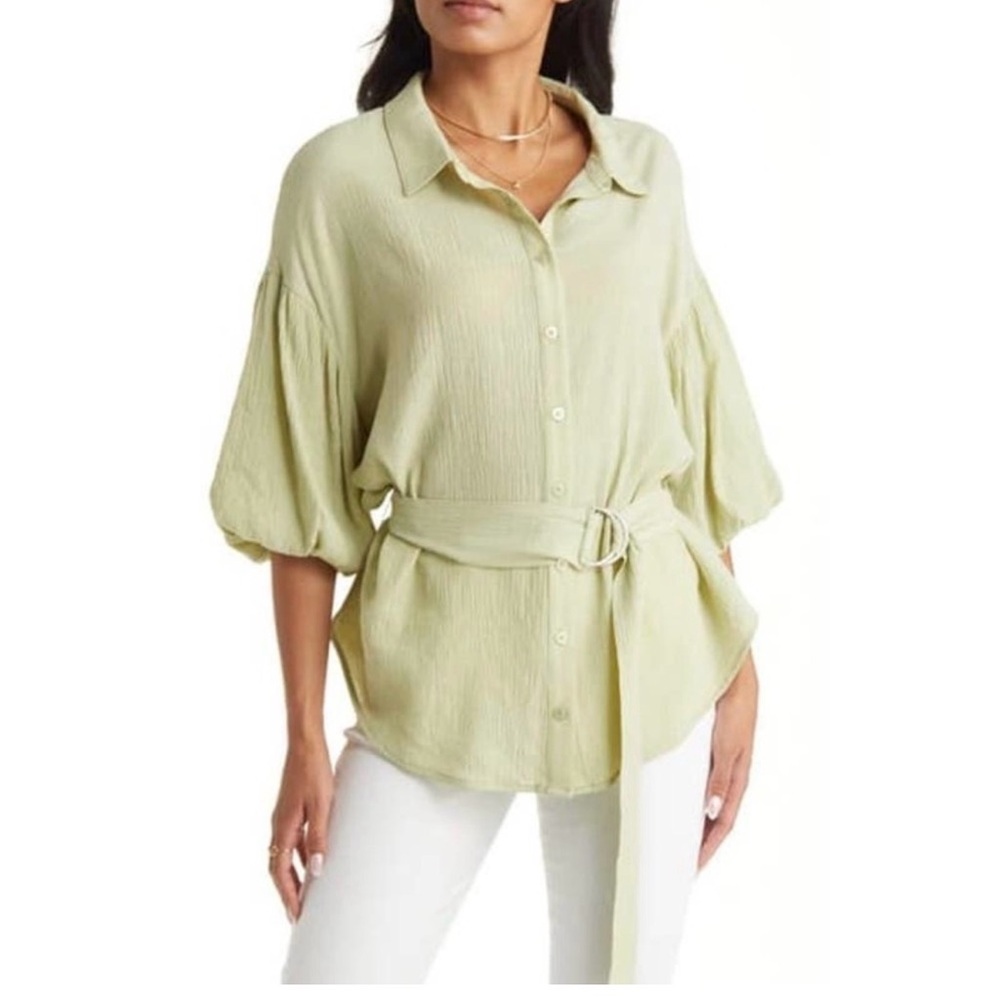 VICI Belted Puff Sleeve Button-up Shirt, size XS